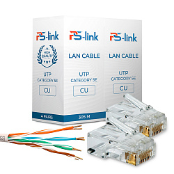 Кабель UTP4 cat.5E CU 100 метров Ps-Link UTP-CU100 с коннекторами RJ-45